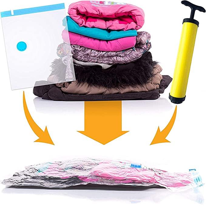 Smart Saver Reusable Vacuum Storage Bags Ziplock Space for Travel plastic clothes blanket cover bag transparent storage quilt blankets cloth with zip, Transparent packing underbed organizer vaccum saver compression - Pack of 4 (2Jumbo+2Large) with Pump